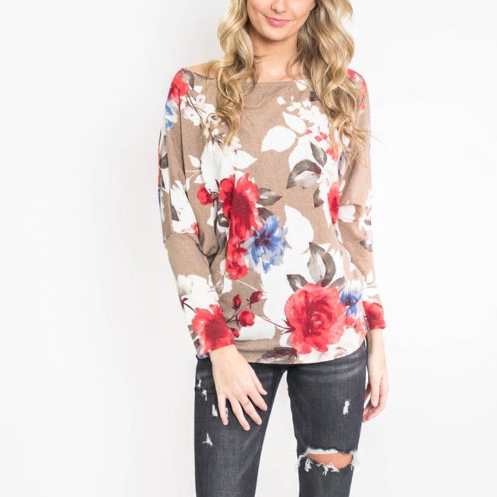 Buckle White Birch Floral Dolman Long Sleeve Boatneck Knit Top in Taupe